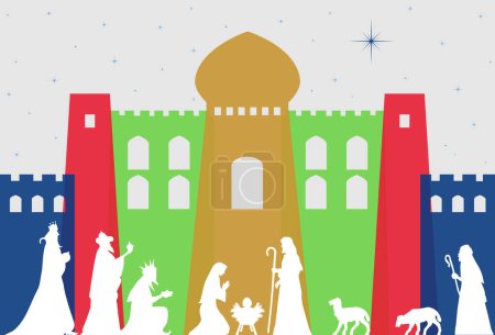 Téléchargez les illustrations : Scène de la Nativité de Noël - Trois Sages et l'adoration du berger - en licence libre de droit
