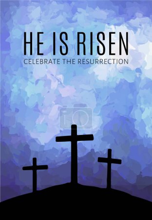 Easter background with the text 'He is Risen' and three crosses on blue abstract backdrop.
