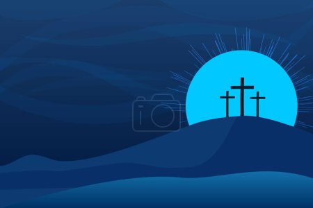 Illustration for Easter illustration with three crosses on hill and blue sky with full moon at night. - Royalty Free Image