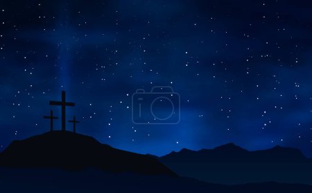 Téléchargez les illustrations : Illustration de Pâques avec trois croix sur colline et ciel étoilé bleu la nuit. - en licence libre de droit