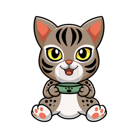 Illustration for Vector illustration of Cute ocicat cat cartoon holding food bowl - Royalty Free Image