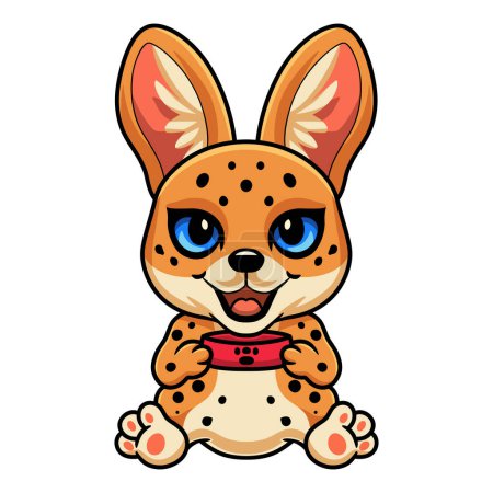 Illustration for Vector Illustration of Cute serval cat cartoon holding food bowl - Royalty Free Image