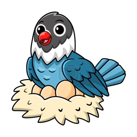 Téléchargez les illustrations : Illustration vectorielle du dessin animé mignon d'amour bleu slaty avec des œufs dans le nid - en licence libre de droit