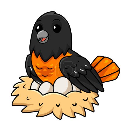 Téléchargez les illustrations : Illustration vectorielle de mignon baltimore oriole oiseau dessin animé avec des œufs dans le nid - en licence libre de droit