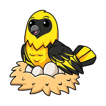 Téléchargez les illustrations : Illustration vectorielle de dessin animé d'oiseau tisserand mignon avec des œufs dans le nid - en licence libre de droit