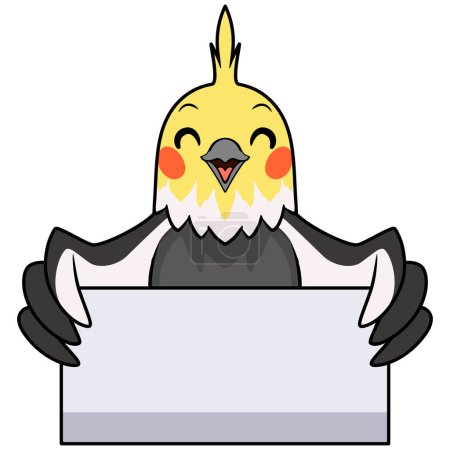 Illustration for Vector illustration of Cute gray cockatiel bird cartoon holding blank sign - Royalty Free Image