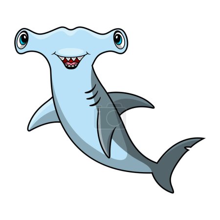 Téléchargez les illustrations : Illustration vectorielle du dessin animé Cute hammerhead shark sur fond blanc - en licence libre de droit
