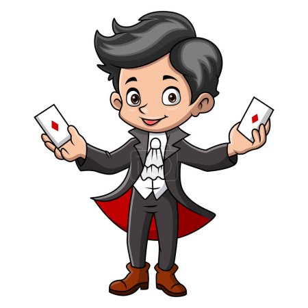 Illustration for Vector illustration of Cute little magician boy cartoon playing a cards - Royalty Free Image
