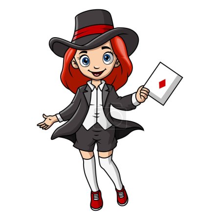 Illustration vectorielle de Mignon magicien fille dessin animé jouant une carte