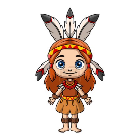 Illustration vectorielle du dessin animé indien mignon fille amérindienne sur fond blanc