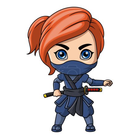 Ilustración vectorial de dibujos animados linda niña ninja sosteniendo una espada