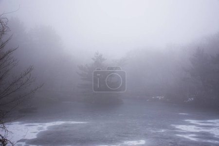 Foto de Paisaje y nieve cayendo cubiertos de árboles de plantas con estanque de agua del lago congelado en el bosque en la montaña Hanla o Monte Halla en el Parque Nacional Hallasan para la visita coreana en la isla de Jeju en Jeju-do Corea del Sur - Imagen libre de derechos