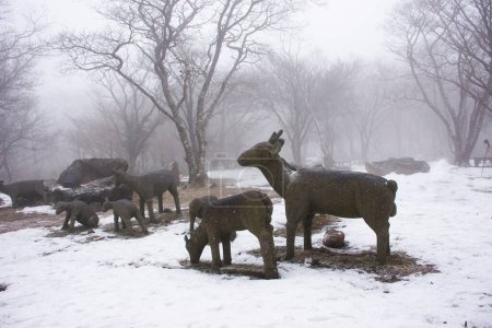 Foto de Estatua de ciervos y nieve cayendo en el bosque en el volcán Hanla Mountain o el Monte Halla en el Parque Nacional Hallasan para los viajeros coreanos visitan Jeju el 17 de febrero de 2023 en Jeju-do, Corea del Sur - Imagen libre de derechos