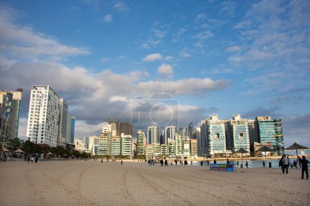 Photo for View landscape and sea ocean for korean people and foreign travelers travel visit and rest relax at Gwangalli and Gwangan sand beach park at Suyeong gu city on February 18, 2023 in Busan, South Korea - Royalty Free Image