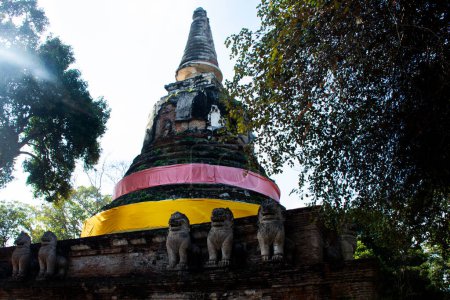 Antike Ruinen Stupa und alte Ruinen Pagode Chedi für thailändische Menschen Reisende besuchen Respekt betenden Segen Buddha Wunsch mystisch im Wat Mae Nang Pleum oder Maenangpluem Tempel in Ayutthaya, Thailand