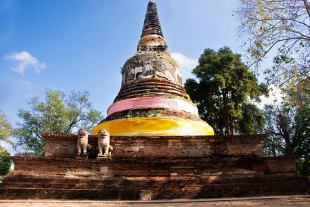 Antike Ruinen Stupa und alte Ruinen Pagode Chedi für thailändische Menschen Reisende besuchen Respekt betenden Segen Buddha Wunsch mystisch im Wat Mae Nang Pleum oder Maenangpluem Tempel in Ayutthaya, Thailand