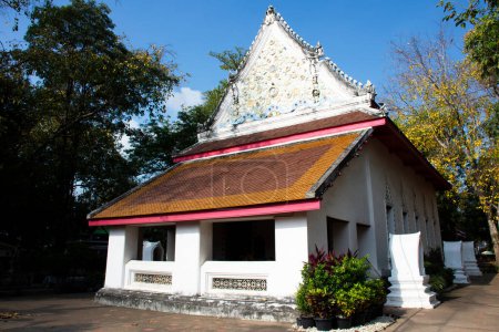 Ancient old ordination hall or antique ruin ubosot for thai travelers people travel visit respect praying blessing buddha wish holy at Wat Mae Nang Pleum or Maenangpluem Temple in Ayutthaya, Thailand
