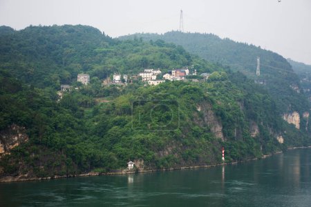 View landscape and range mountain of three gorges in yangtze river or Chang Jiang canal for chinese people travelers travel visit in Xiling gorge sanya cave viewpoint at Yichang city in Hubei, China