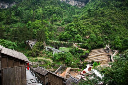 Interior design building and exterior architecture of stage theater chinese actor actress acting love story of woodman and fairy fox for show traveler in Tianmen Mountain at Zhangjiajie in Hunan China