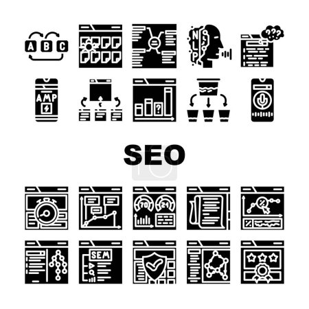 seo search website web internet icons set vector. digital optimization, marketing strategy, data traffic, business computer, analysis seo search website web internet glyph pictogram Illustrations
