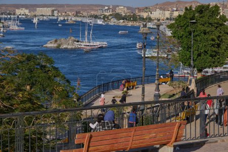 Photo for Nile river in Aswan, Egypt afternoon shot showing the view from Aswan Botanical Garden with feluccas and boats in the river - Royalty Free Image