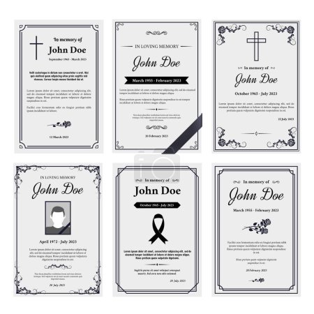Illustration for Condolence obituary card layout. In loving memory of, funerals invitation cover with black ribbon corner and grief sheet vector set of obituary layout, funeral template illustration - Royalty Free Image