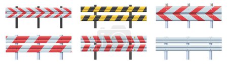 Guard rails. Highway roadside barrier, striped caution guardrail and road safety metal fence vector set of barrier road safety illustration