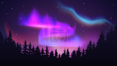 Téléchargez les illustrations : Ciel nocturne avec lumières polaires. Aurora borealis, danseurs joyeux du nord et forêt naturelle sur fond de lumière du nord vecteur Illustration du ciel polaire du nord - en licence libre de droit