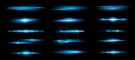 Ilustración de Bengalas de lentes horizontales. Rayos de luz horizontales azules, líneas luminosas efecto de brillo y conjunto de vectores de superposición de destellos anamórficos de brillo ilustración de fondo de luz azul - Imagen libre de derechos