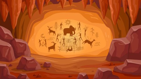 Illustration for Prehistoric cave with paintings. Old cave drawings of primitive people, stone age art, ancient history and archeology vector Illustration of prehistoric drawing - Royalty Free Image