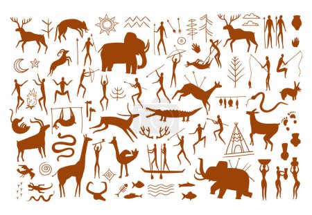 Illustration for Rock painting. Caveman life scenes, prehistoric hunter cave drawings and wild ancient animals silhouettes. Stone age art vector set of ancient tribal painting illustration - Royalty Free Image