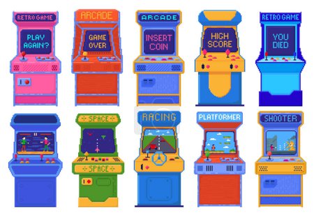 Illustration for Pixel art arcade game machines. Old 8 bit gaming console different games and play again, high score and you died screens vector set. Insert coin, shooter, platform, outer space and racing - Royalty Free Image