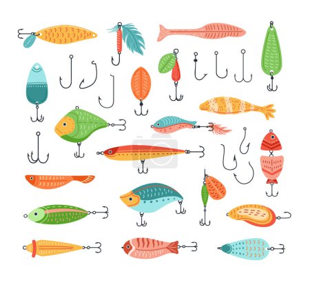 Fishing baits. Fish lure with hook, cartoon fisherman tackle and artificial fishes shapes vector set. Colorful artificial fish of different shapes for sport, hobby activity, accessory for fishing rod