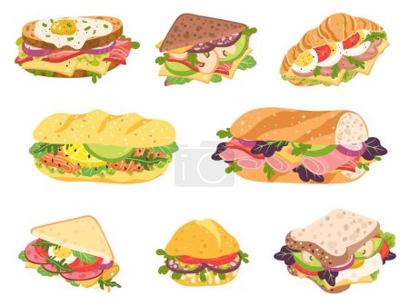 Sándwich de dibujos animados. Delicioso panini con verduras, salmón y carne. Tostadas crujientes, croissant y bollo juego de vectores de sándwiches. Sabroso aperitivo para el almuerzo o el desayuno con ingredientes frescos