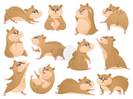 Illustration for Cartoon hamsters. Cute pet in different poses, fluffy rodent and hamster mascot isolated vector Illustration set. Lazy animal with various facial expressions as laughing, running and winking - Royalty Free Image