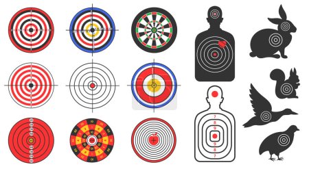 Shooting range target. Human and animals silhouette targets with bullet shoot ranking marks and rings vector set. Military or hunting aim for training in shape of person, rabbit, goose