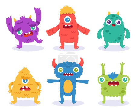 Cartoon monster characters. Colorful funny creatures in different positions. Spooky furry animals for halloween. Smiling and roaring beasts with cheerful and angry expressions isolated vector set