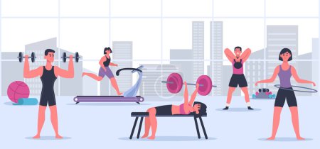 Illustration for People in gym. Man and woman having sport training with different equipment. Female and male characters having fitness workout indoor. Athletes leading active and healthy lifestyle vector - Royalty Free Image