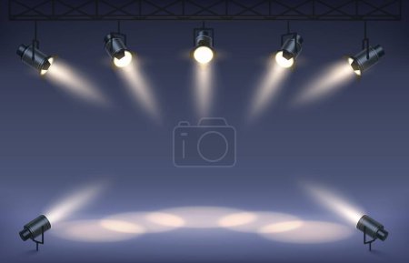 Ilustración de Escena con proyectores de escenario. Estudio podio con proyectores, iluminación de escena brillante y fondo vectorial de haz de luz de escena de estudio iluminado - Imagen libre de derechos