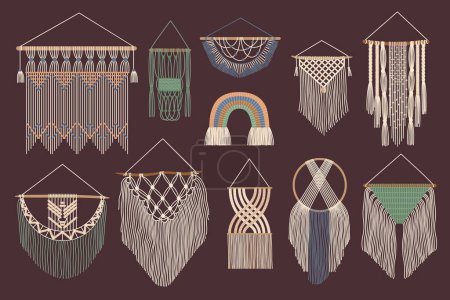 Illustration for Bohemian wall hangings. Handcrafted macrame cozy home decor, knitted cotton yarn braid cord and ornamental hygge accessories hand vector set of bohemian macrame, boho handcraft decoration illustration - Royalty Free Image