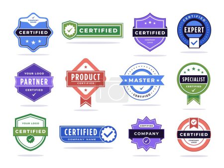 Certified badge. Company partner tag, checked expert or master accreditation stamp and product certification mark vector set of certified badge and icon illustration