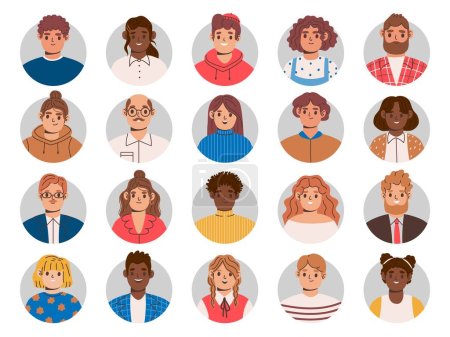 Illustration for Multiethnic people portraits. Employee avatar, professional person profile picture and team persons userpic in circle frame vector Illustration set of portrait face person, student and young employee - Royalty Free Image