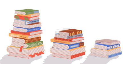 Illustration for Book stack. Cartoon pile of handbook textbook education study literature, tower of publication paper supplies for reading in bookstore. Vector set of textbook pile, book literature illustration - Royalty Free Image