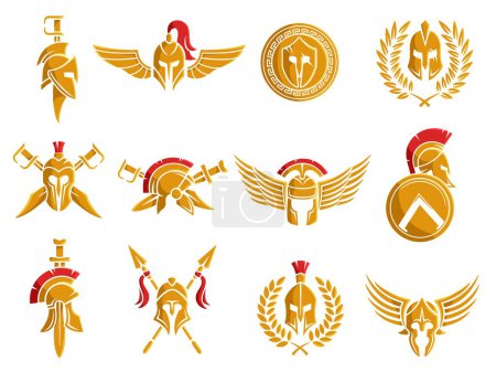 Espartano emblema casco. Armadura de guerrero con alas y arma, tatuaje de gladiador y vector de escudo redondo Juego de ilustración de emblema de armadura de guerrero espartano