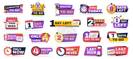 Illustration for Countdown timer badges. Minutes clock, hours tag and days to go, time left and only this week banners with calendar icon vector set of offer day badge timer illustration - Royalty Free Image
