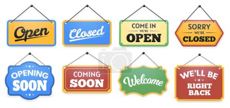 Illustration for Store door sign. Come in were open and closed signboard note, opening and coming soon, welcome and will be right back vector set. Hanging board with text message for business retailing - Royalty Free Image