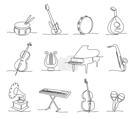 Illustration for One continuous line musical instruments. Instrumental music, different concert sounds icons hand drawn vector illustration set. Isolated equipment as drum, guitar, harp piano and violin - Royalty Free Image