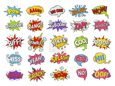 Téléchargez les illustrations : Comic book bubbles. Cartoon speech balloons with boom bang explosion, splash and poof, rumble and wham effects. Funny text vector set. Communication boxes or dialogue clouds with messages - en licence libre de droit
