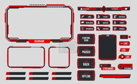 Ilustración de Red stream overlay theme. Webcam border, game screen template and donation panel. Stream is offline, paused and starting soon vector set. Display frames with different menu buttons - Imagen libre de derechos
