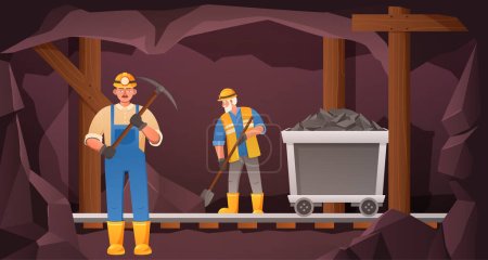 Téléchargez les illustrations : Miners in coal cave. Mine worker digging tunnel, rail trolley with ore and miner with pickaxe vector Illustration. Men in uniform and protective helmet extracting coal, risky profession - en licence libre de droit